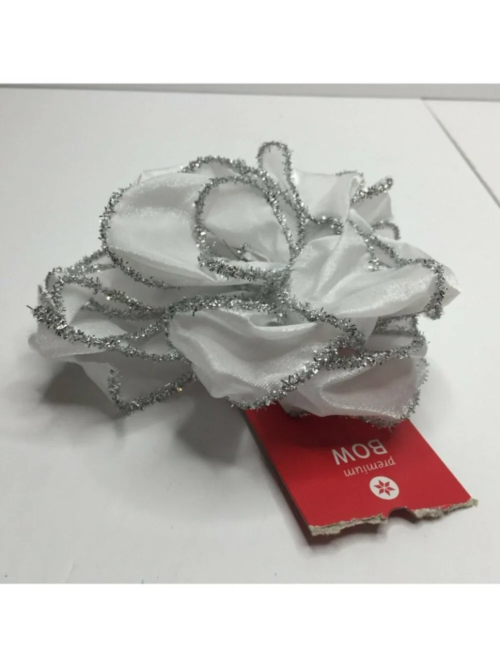 Premium Bow White Silver Tinsel Glitter Shimmer Craft Wreath Decorating Bow